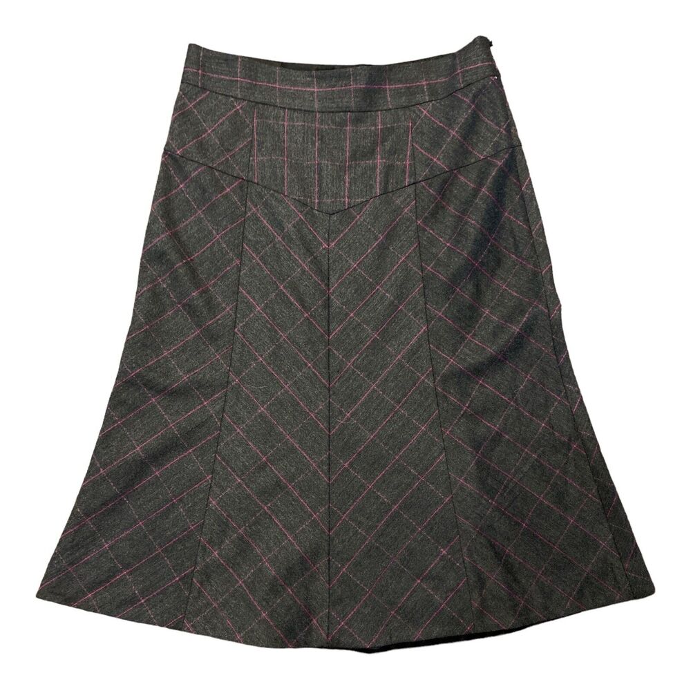 Diane Von Furstenberg DFV Wool A Line Skirt Gray Pink Windowpane Side Zip 12